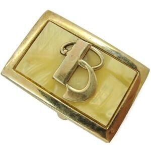 "B" Initial Signed Pioneer Vintage Belt Buckle Gold Tone MOP Small 1"x2"